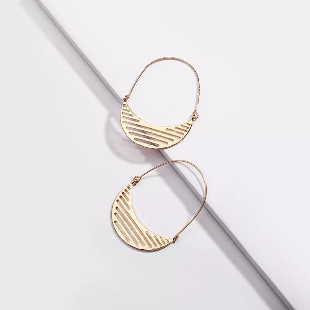 Gold Moon Crescent Hammered U Shaped Drop Earrings